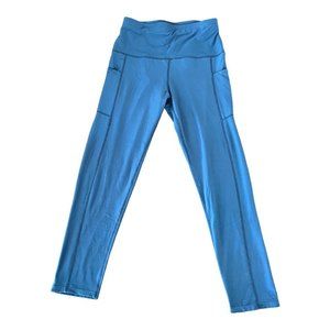 Sports Wear High Rise Elastic Waist Crop Leggings Size L Blue Pockets